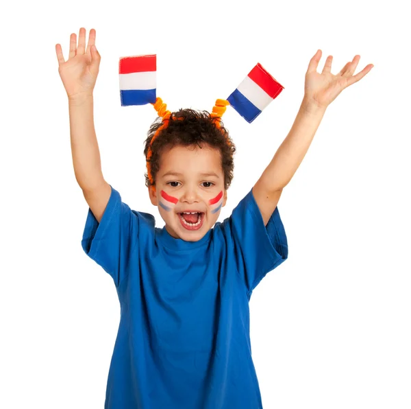 Criança holandesa como fã de futebol — Fotografia de Stock