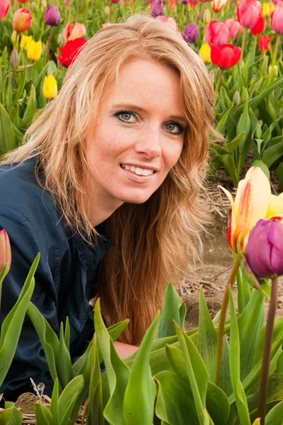 Holandská blondýnka v poli s tulipány — Stock fotografie