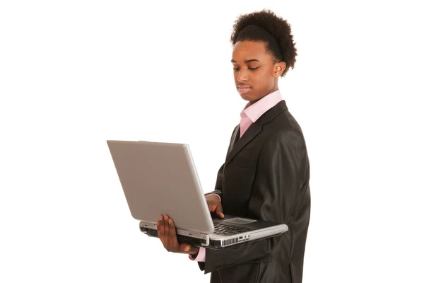 Dizüstü bilgisayar ile siyah iş adamı — Stok fotoğraf