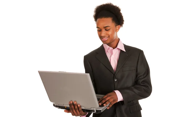 Zwarte zakenman met laptop — Stockfoto