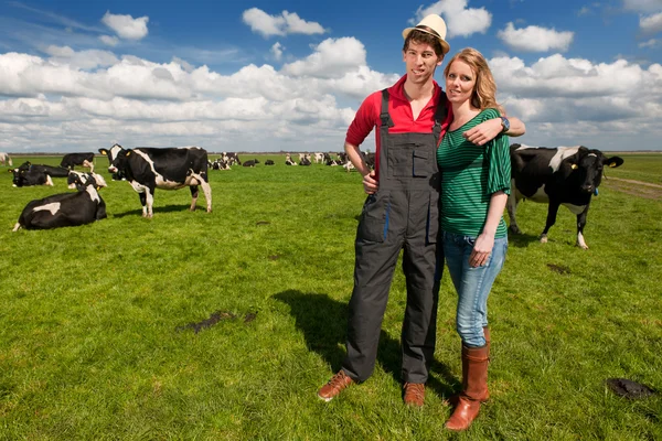 Paesaggio tipico olandese con coppia di agricoltori e mucche — Foto Stock