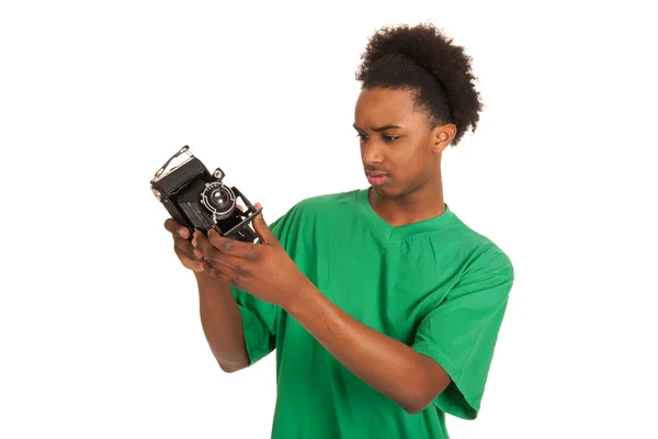 Menino adolescente com câmera de foto vintage — Fotografia de Stock