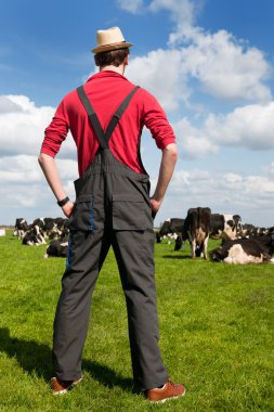 Typical Dutch landscape with farmer and cows clipart