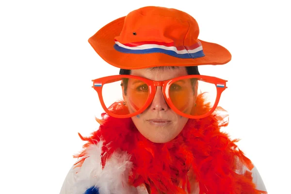 Holländsk kvinna i orange som fotboll fan — Stockfoto