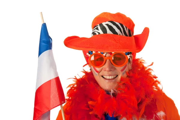 Mulher holandesa com bandeira como fã de futebol — Fotografia de Stock