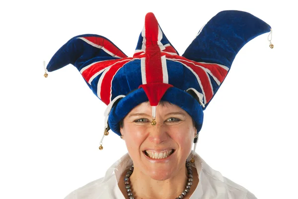 Woman with Brittain funny hat — Stock Photo, Image