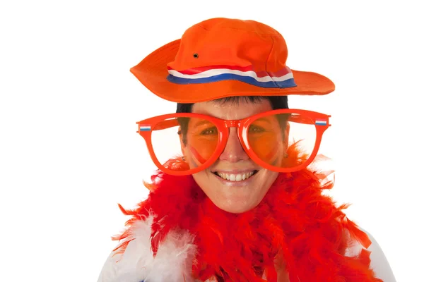 Holandský žena v oranžové jako fotbalový fanoušek — Stock fotografie