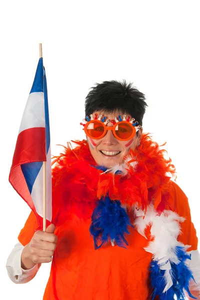 Holländska kvinna med flagga som fotbollsfan — Stockfoto