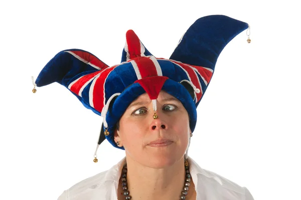 Woman cross eyed with Brittain funny hat — Stock Photo, Image