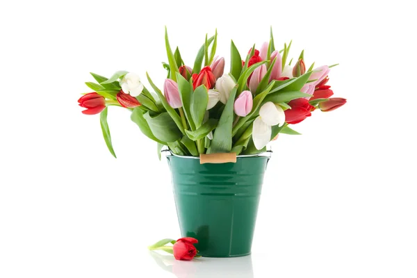 Green vase tulips — Stock Photo, Image