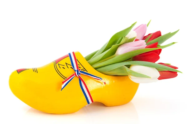 Tamancos de madeira holandeses com tulipas — Fotografia de Stock