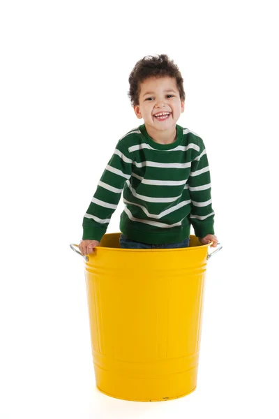 Little boy in trash can — Stock Photo, Image