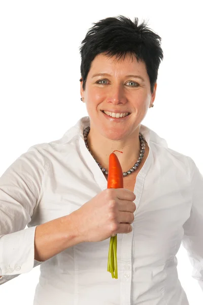 Woman singing with a carrot — Stock Photo, Image