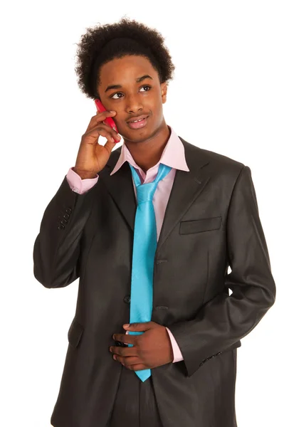 Černá obchodní muž s mobilním telefonem — Stock fotografie