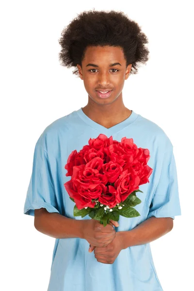 Nero teen ragazzo è dare fiori — Foto Stock