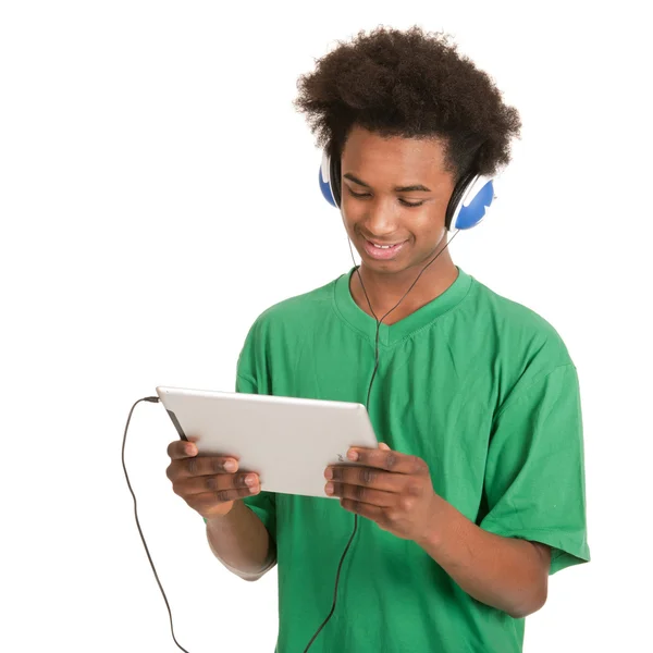 黑人男孩与平板电脑 — 图库照片