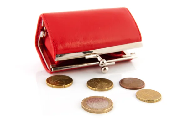 Czerwona torebka z monetami euro — Zdjęcie stockowe