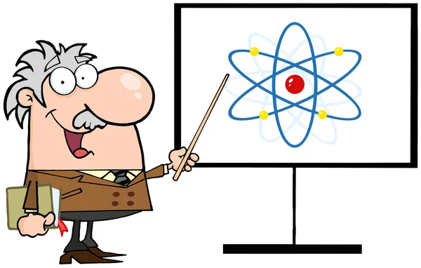 ศาสตราจารย์ชี้ไปที่ป้ายอะตอม — ภาพถ่ายสต็อก