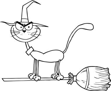 Outlined Cat Which Fly A Broom clipart