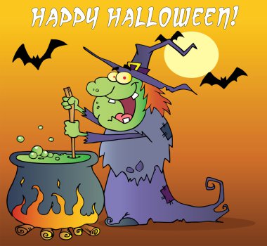 Happy Halloween Over A Witch Stirring A Potion Under Bats On Orange clipart