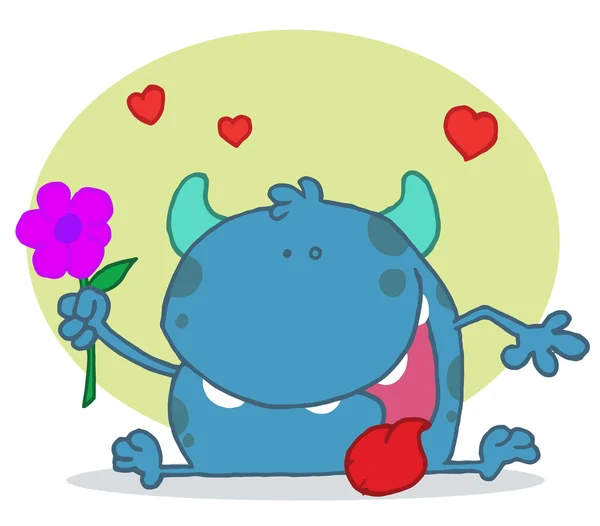 Glad blå monster håller en blomma — Stockfoto