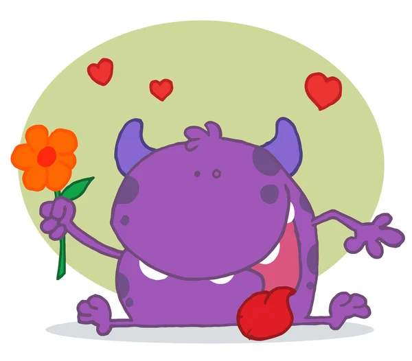 Glad lila monster håller en blomma — Stockfoto