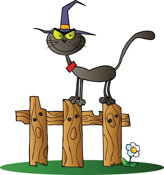 Chat noir sorcière sur une clôture — Photo