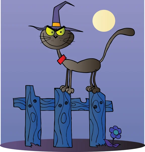Bruxa de gato preto em uma cerca à noite — Fotografia de Stock