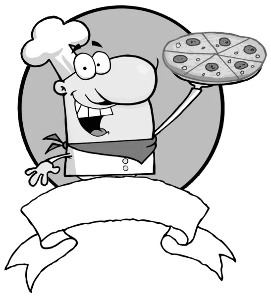 Gri tonlamalı Şef onun pizza pasta afiş sunulması — Stok fotoğraf