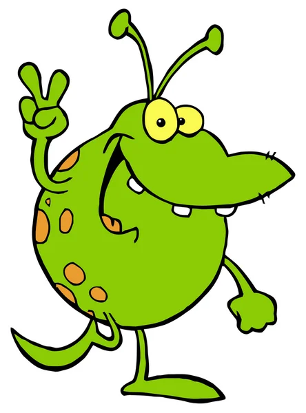 Green Alien Smiling And Gesturing The Peace Sign — Stock Photo, Image