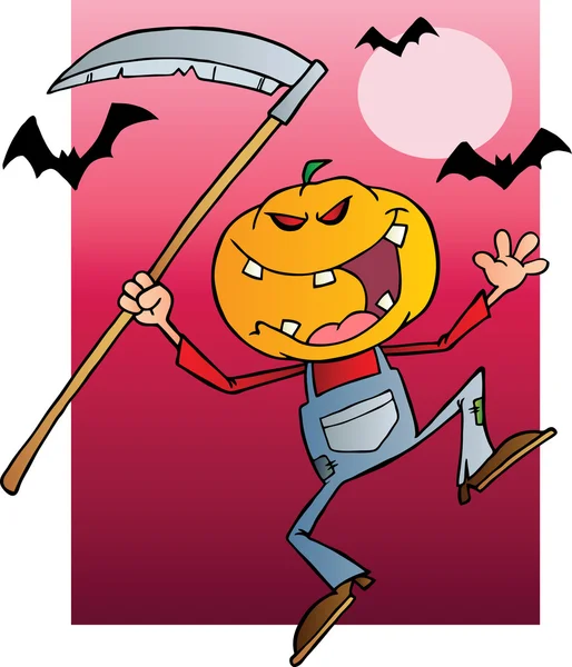 Grinning Scarecrow Reaper With Scythe In Night — Stock Photo, Image