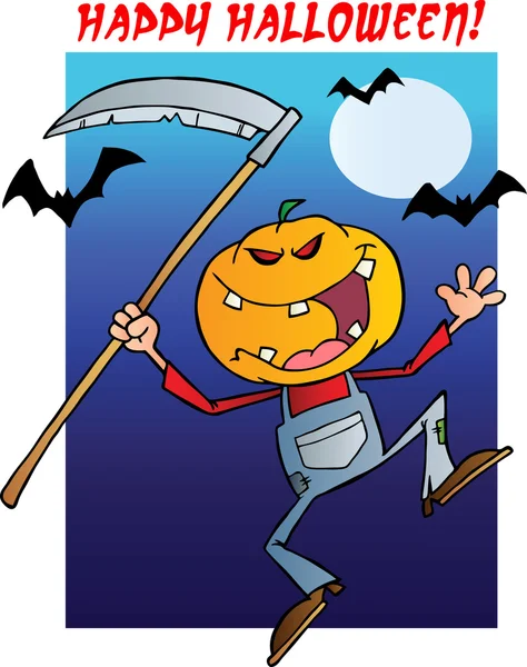 Happy Halloween Over A Grinning Scarecrow Reaper With Scythe — Stock Photo, Image