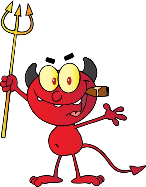 Mały czerwony diabeł palenie cygara i trzyma trójząb — Zdjęcie stockowe