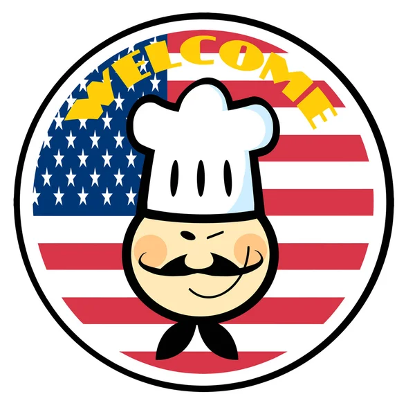 Asiático Chef rosto sobre uma bandeira americana — Fotografia de Stock