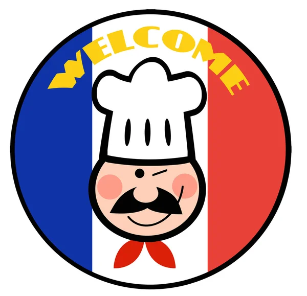 Winking Chef visage sur un cercle de drapeau français de bienvenue — Photo