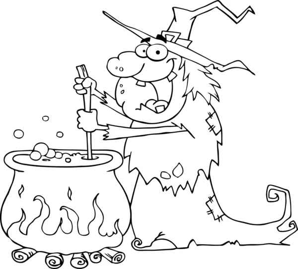Outlined Ugly Halloween Witch Preparing A Potion — Stock Photo, Image