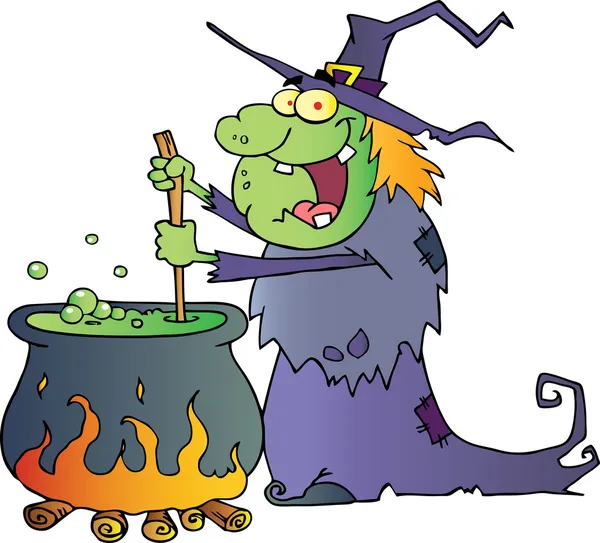 Уродливая Хэллоуинская ведьма готовит зелье — стоковое фото