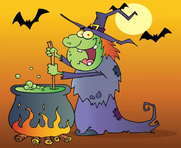 Ugly sorcière préparation d'une potion dans la nuit d'Halloween — Photo