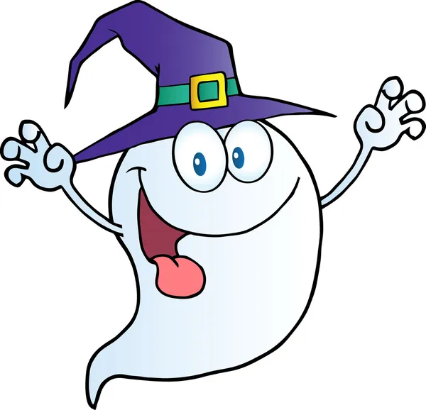 Scaring Ghost Holding His Hands Up And Wearing A Witch Hat — Stock Photo, Image