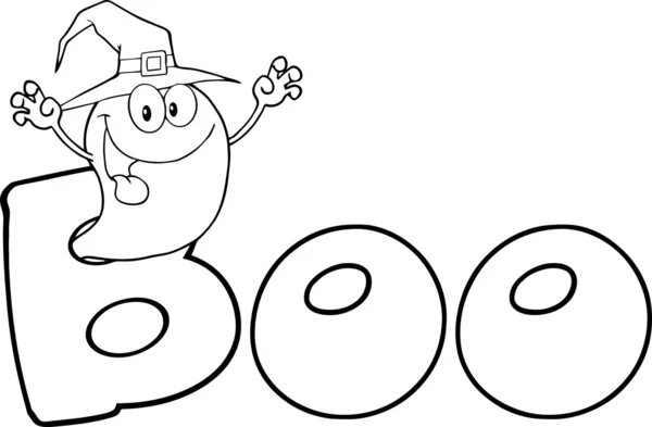 Outlined Scaring Ghost Wearing A Witch Hat In The Word BOO — Stock Photo, Image