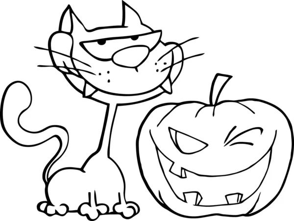 Cat And Winking Halloween Jackolantern Pumpkin — Stock Photo, Image