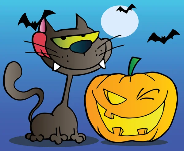 Zwarte kat en winking jackolantern pompoen van halloween — Stockfoto