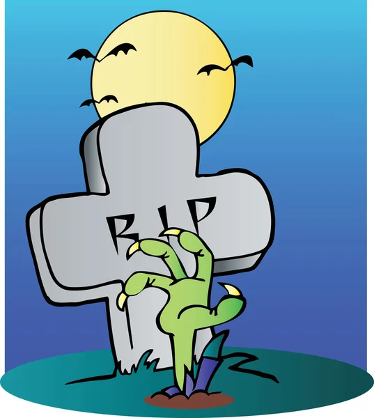 Zombie Hand Reaching Up From The Earth In Front Of A Tombstone — Stock Photo, Image