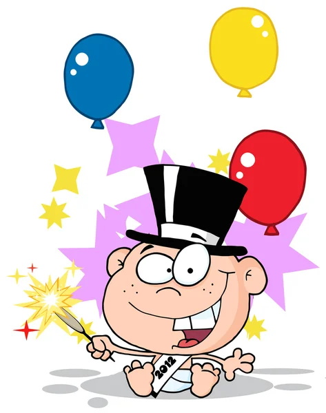 Nieuwjaar baby met sparkler en ballonnen — Stockfoto