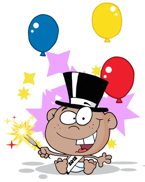 Zwarte Nieuwjaar baby met een hoge hoed sparkler en partij ballonnen — Stockfoto