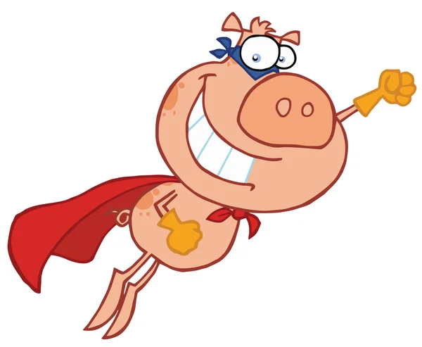 Kırmızı pelerinli, kurtarmak için uçan süper domuz — Stok fotoğraf