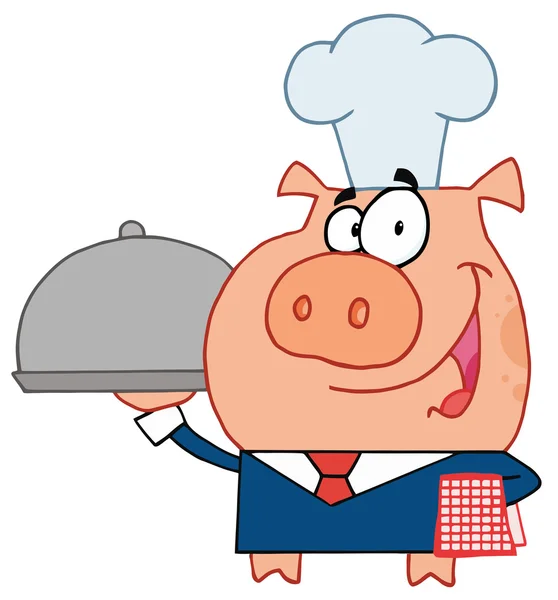 在一个厨师的帽子，放在盘子上品尝食物的侍者猪 — 图库照片