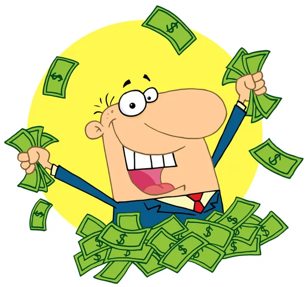 Vendedor feliz jogando em uma pilha de dinheiro — Fotografia de Stock