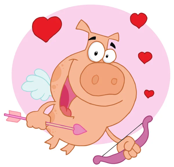 Cupid Piggy with Hearts Over a Pink Circle — стоковое фото