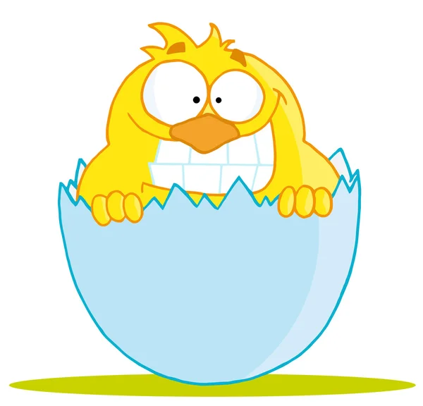 Yellow Chick With A Big Toothy Grin, Peeking Out Of An Egg Shell — Stock Photo, Image
